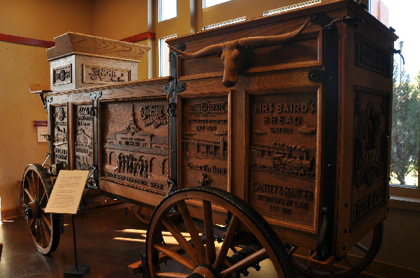 A hand-carved wagon at the National Cowgirl Museum and Hall of Fame