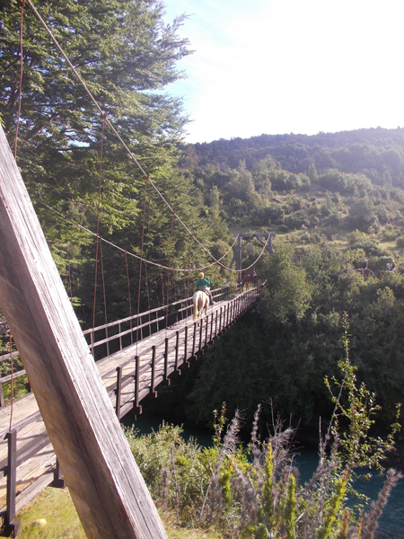 horse and rider cross swinging bridge in patagonia 