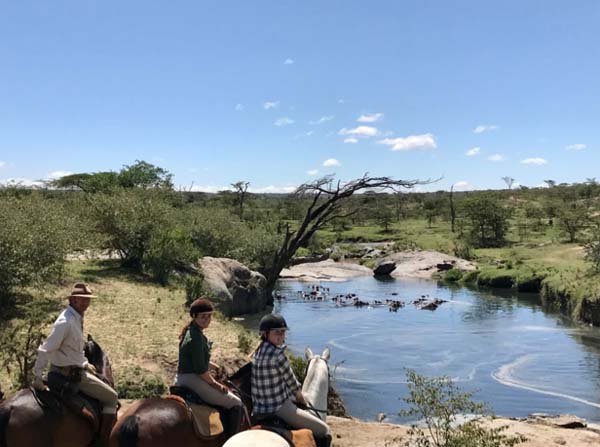 group of equestrians horseback riding on masai mara in kenya