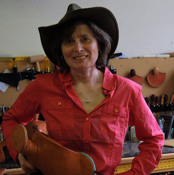 Sabine in her saddle shop.