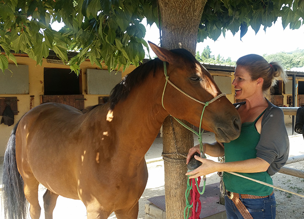 woman grooms horse before riding in catalonia spain